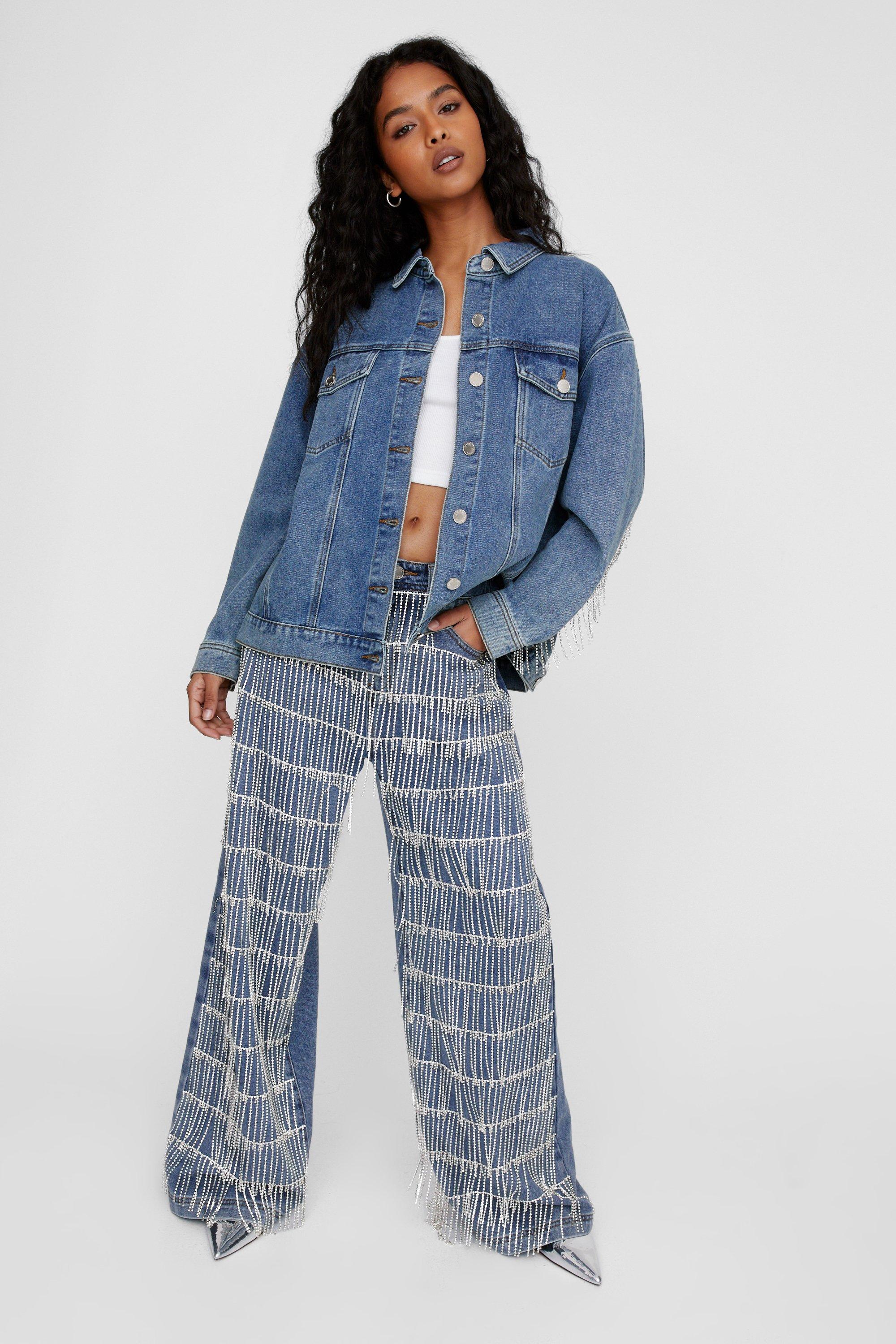 Nasty Gal Womens Diamante Fringe Trim Denim Jacket